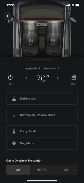 Tesla mobile app for turning on camp mode