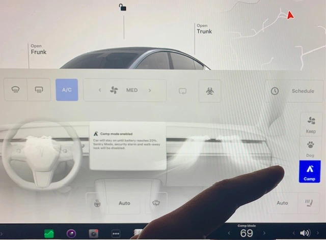 How to turn on Tesla camp mode on the Tesla climate controls screen