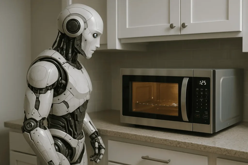 Humanoid robot looking at a microwave with AI sensing beyond humans