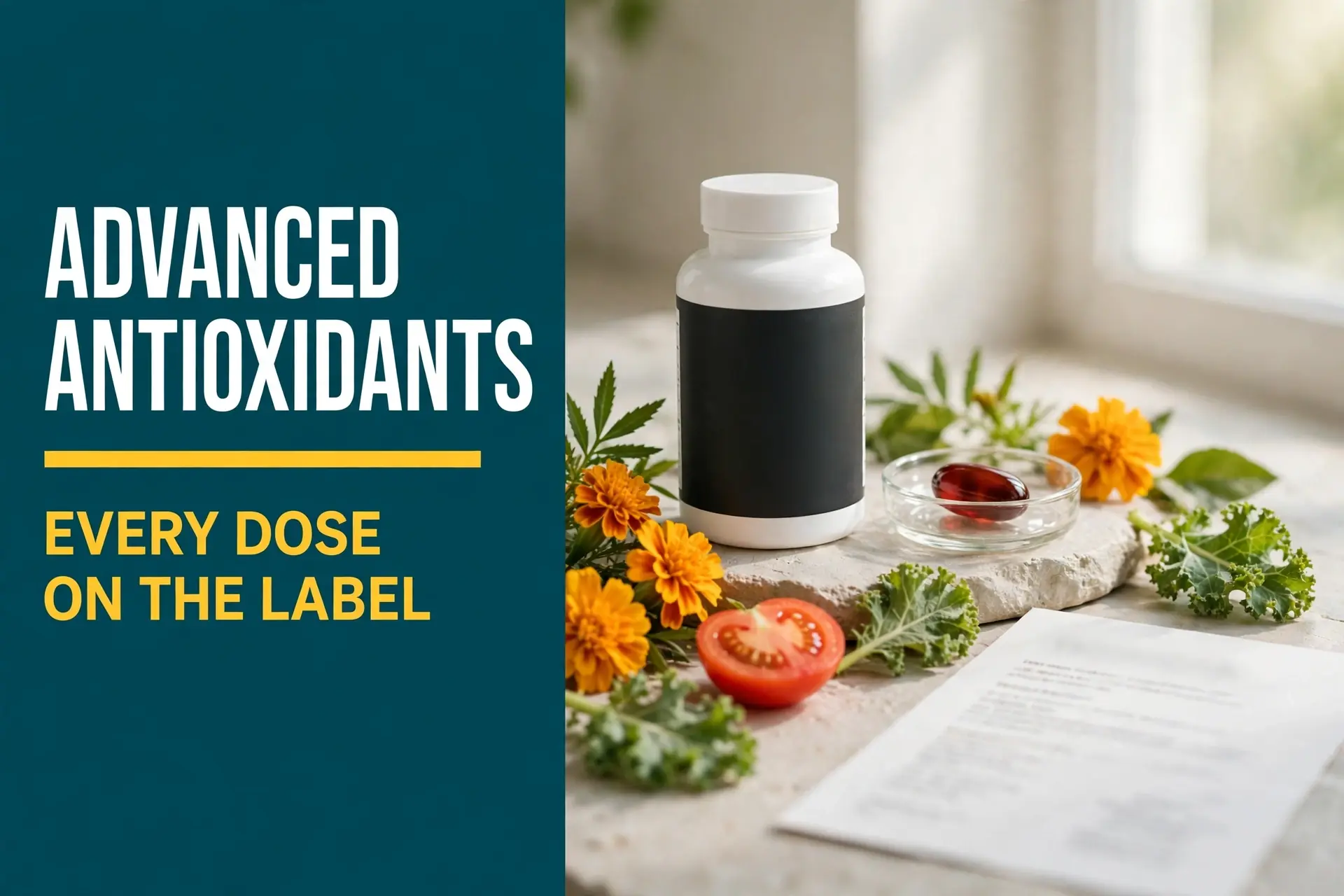 Blueprint Advanced Antioxidants ingredients: a bottle of the fat soluble antioxidant capsules beside a dark red capsule, marigold flowers, tomato, kale, and its Supplement Facts label.