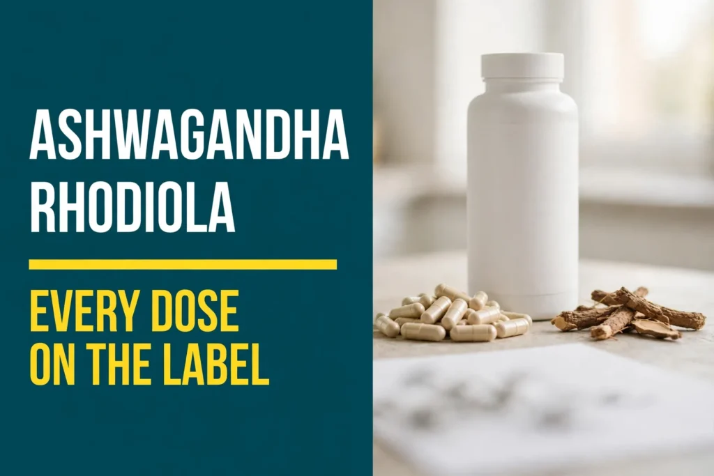 Blueprint Ashwagandha and Rhodiola ingredients: a bottle of the adaptogen capsules beside loose capsules, dried botanical root, and its Supplement Facts label.