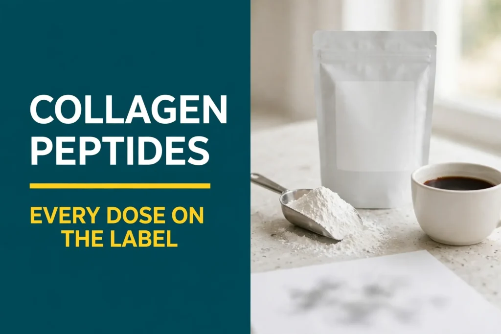 Blueprint Collagen Peptides ingredients: a pouch of the collagen powder beside a scoop of white powder, a cup of coffee, and its Supplement Facts label.