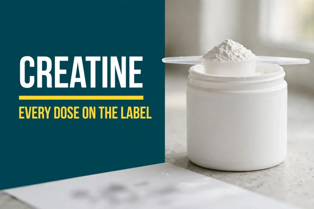 Blueprint Creatine ingredients: an open tub of creatine monohydrate powder with a heaped scoop and its Supplement Facts label.