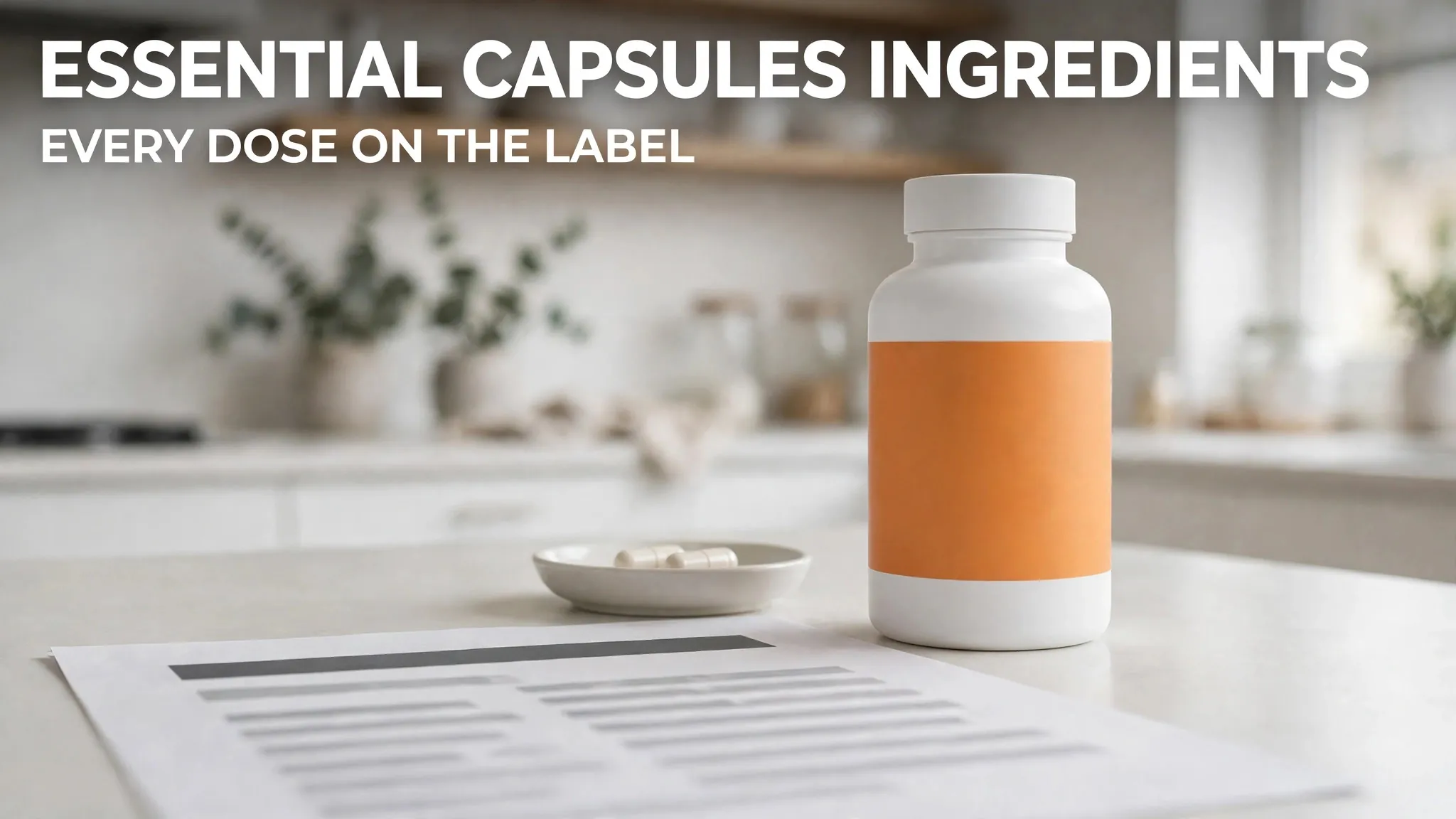 Blueprint Essential Capsules ingredients: a bottle of the daily longevity multivitamin beside two capsules and its Supplement Facts label.