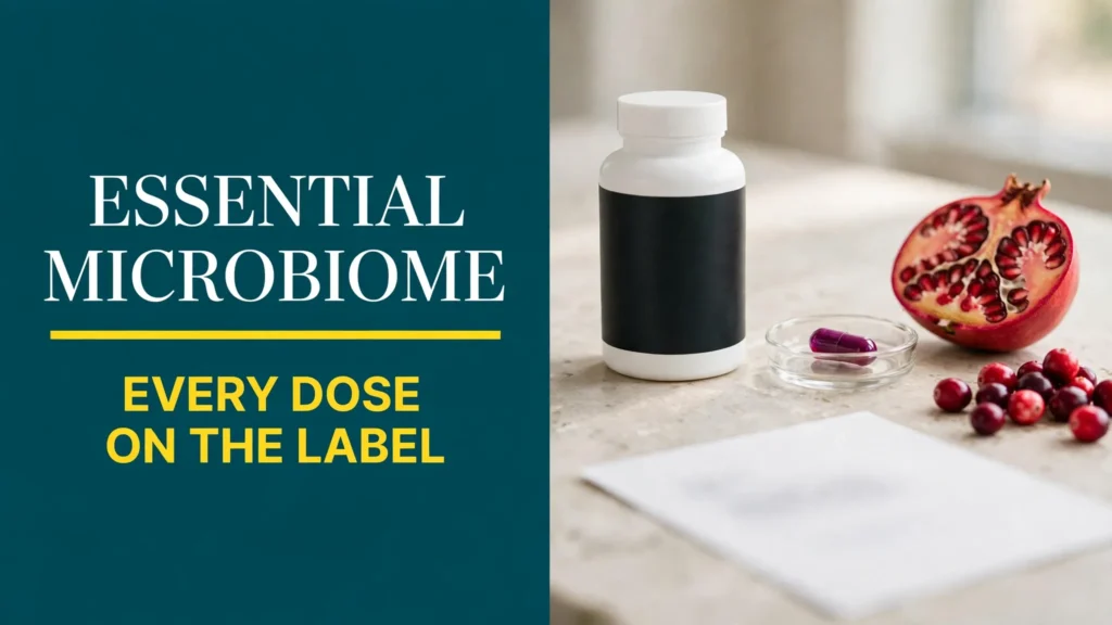 Blueprint Essential Microbiome ingredients: a bottle of the postbiotic gut capsules beside a purple capsule, pomegranate, cranberries, and its Supplement Facts label.