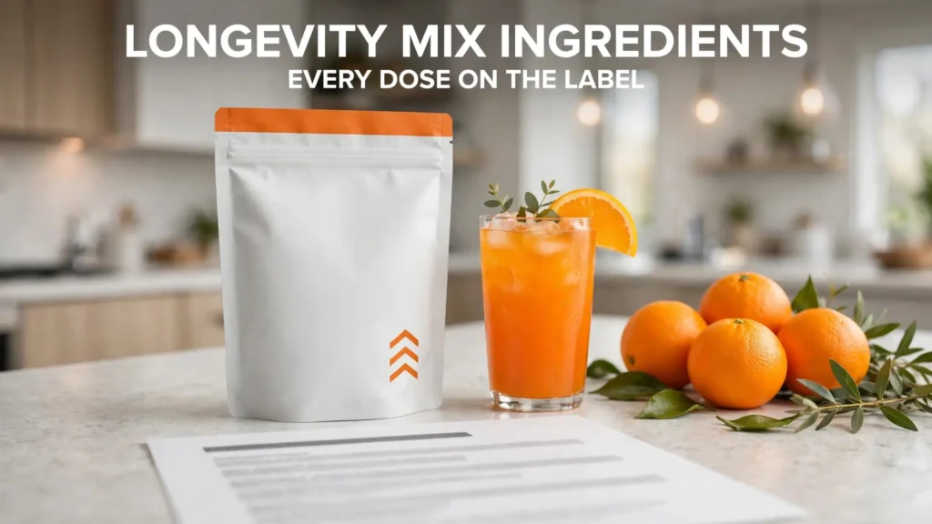 Blueprint Longevity Mix ingredients: a pouch of the blood orange drink mix beside a prepared glass, fresh oranges, and its Supplement Facts label