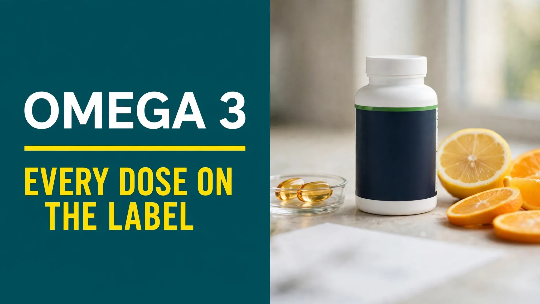 Blueprint Omega 3 ingredients: a bottle of the algae oil capsules beside two golden capsules, lemon and orange slices, and its Supplement Facts label.