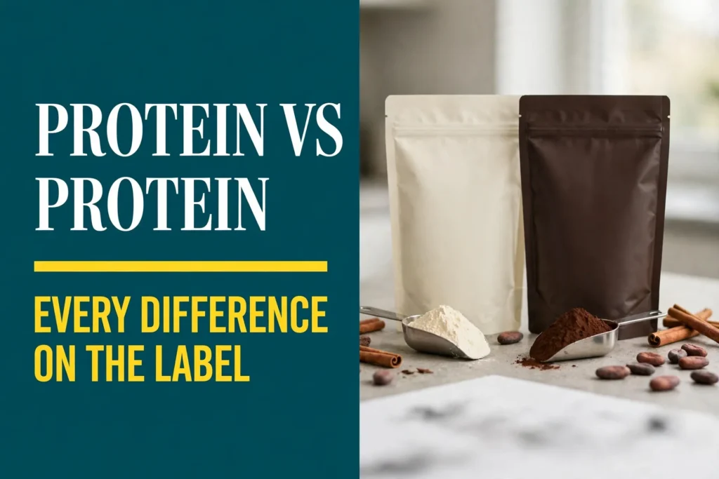Blueprint Metabolic Protein vs Longevity Protein: two protein powder pouches beside scoops of vanilla and chocolate powder, cinnamon, cocoa beans, and their Nutrition Facts labels.
