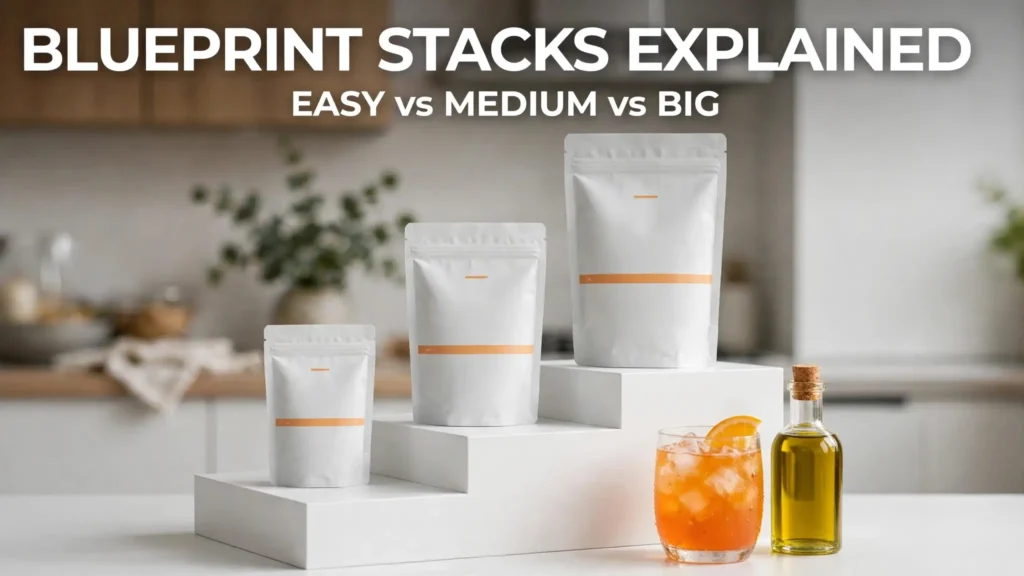 Blueprint stacks explained: three supplement pouches in ascending sizes for the Easy, Medium, and Big Stack, with an orange drink and olive oil