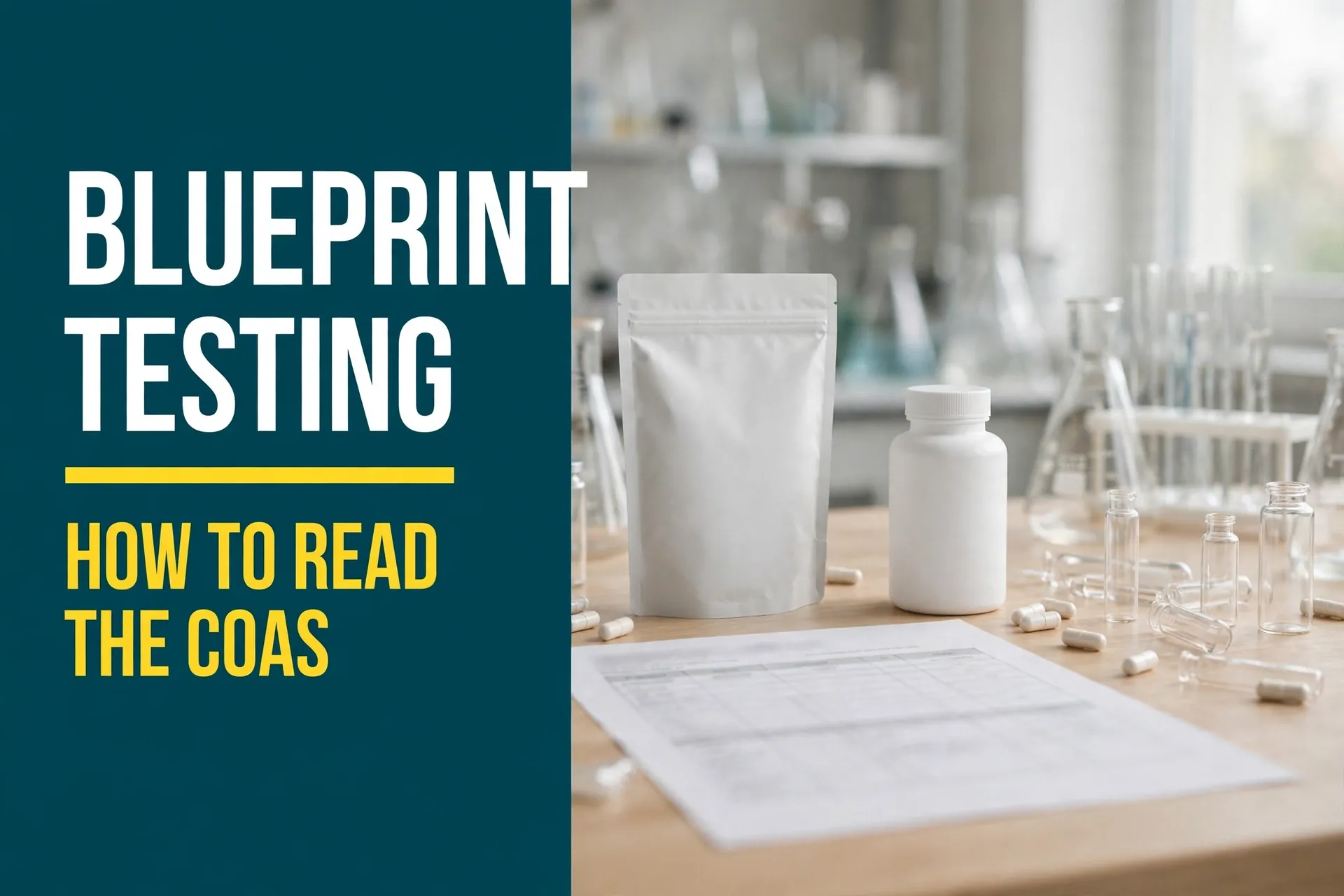 Blueprint third party testing: a supplement pouch and bottle on a laboratory bench beside a certificate of analysis report, sample vials, and capsules.